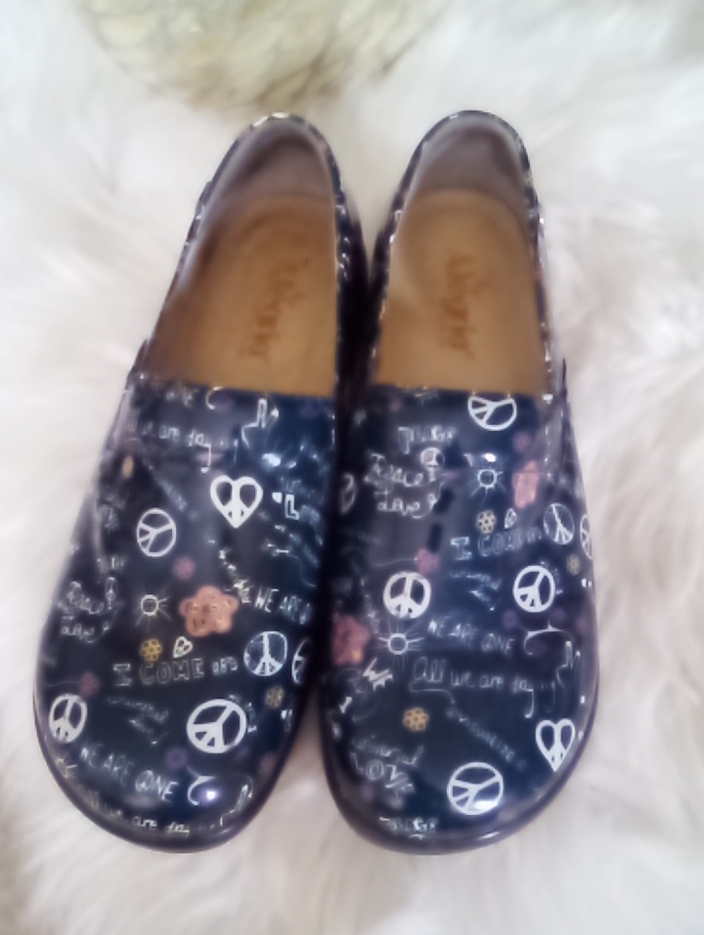 Alegria Navy Peace Sign & Floral Print Clogs